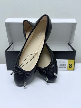 Nine West Women's Black Ballet Flats with Bow and Bead Detail, Size 8, NEW